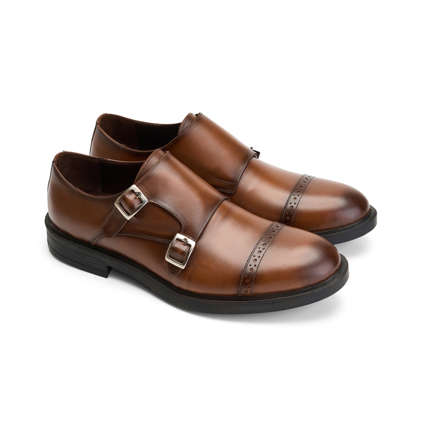 Genuine Brown Double Monk Cap-Toe Shoes