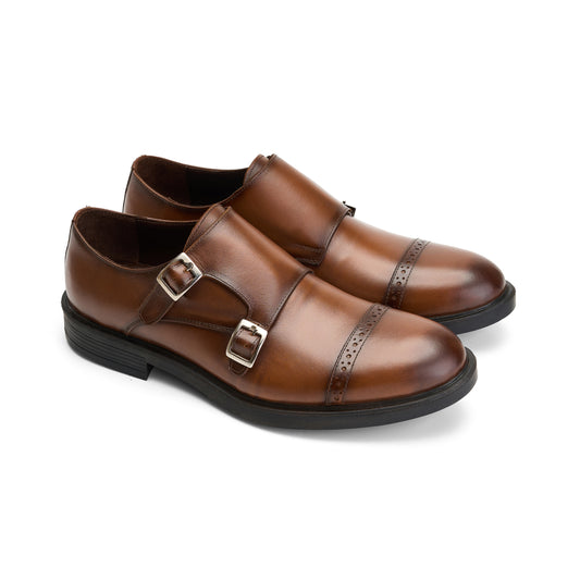 Genuine Brown Double Monk Cap-Toe Shoes